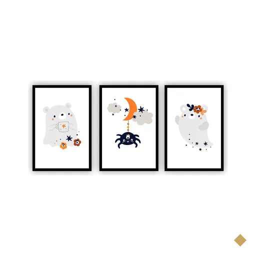 Quadro minimalista com moldura preta e vidro Ursinho fantasma Quarto infantil