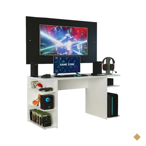 Mesa Gamer Madesa 9409 e Painel para TV até 58 Polegadas - Branco/Preto
