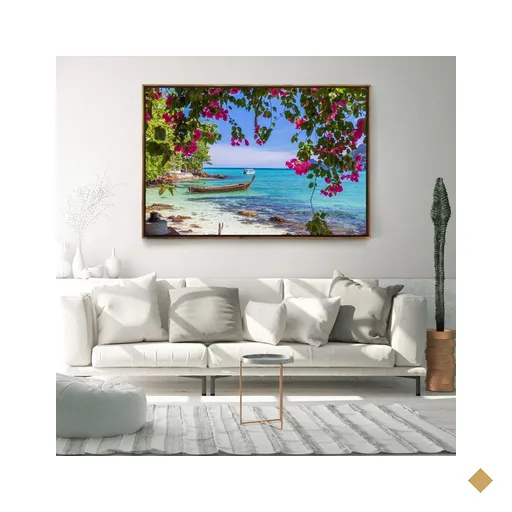 Quadro Decorativo Moderno Flores e Barco Beira Mar Com Moldura e Sem Vidro 60X90