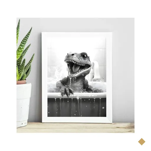 Quadro Banheiro Infantil - Dinossauro 24x18cm:madeira Branca