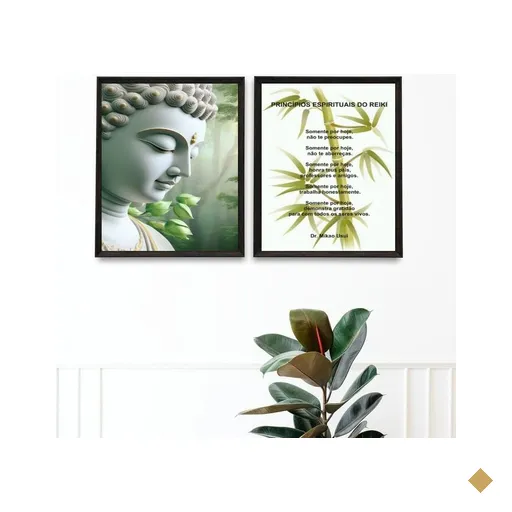 Kit 2 Quadros Princípios do Reiki - Buda 24x18cm - com Vidro:madeira Preta
