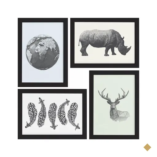 Quadros Animais Safari Geométrico Moldura Preta 33x43cm 4un