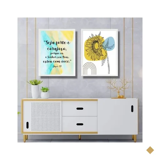 Kit 2 Quadros Seja Forte e Corajoso - Girassol 45x34cm - com Vidro:moldura Preta