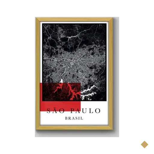 Quadro Mapa Sa?o Paulo Red - 60x40cm - Moldura Padrão Madeira