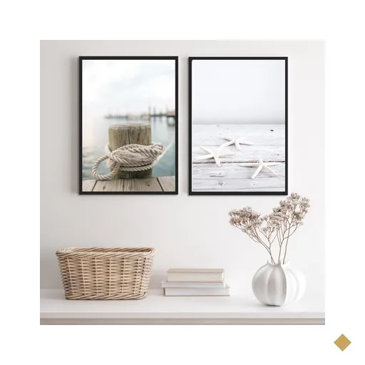 Kit 2 Quadros Praia Branco- Corda e Estrela do Mar 24x18cm - com Vidro:madeira…