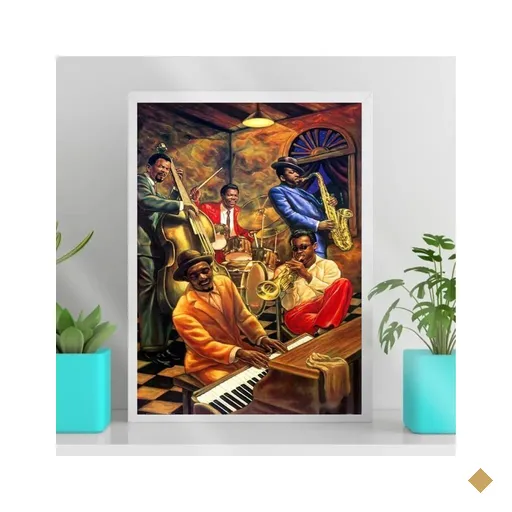 Quadro Decorativo Jazz Band New Orleans 33x24cm - com vidro:Madeira branca