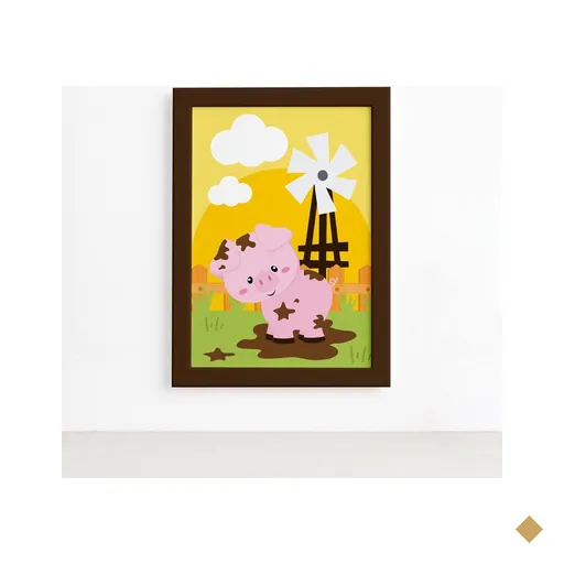 Quadro Porquinho Animais Fazenda Feliz Moldura Marrom 22x32
