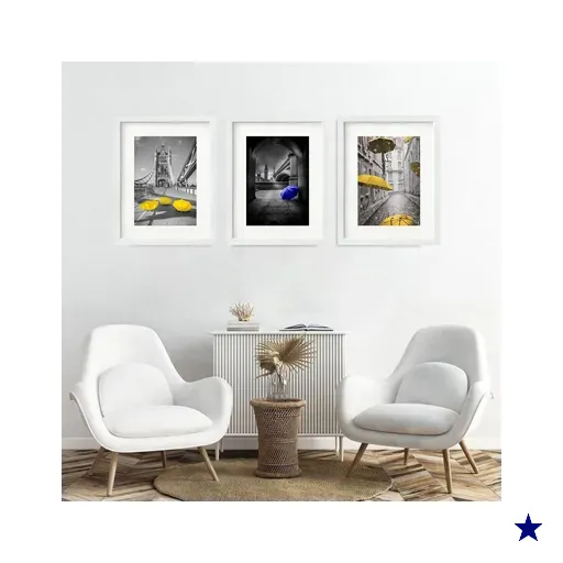 Kit 3 Quadros Grandes Londres Guarda Chuvas - 60x48cm:moldura Branca