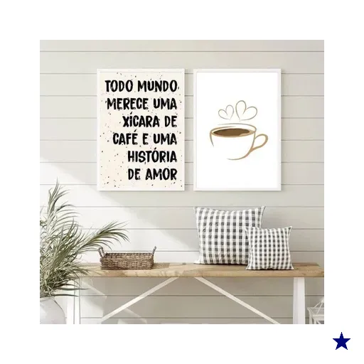 Kit 2 Quadros Café e História De amor 33x24cm - com Vidro:madeira Branca