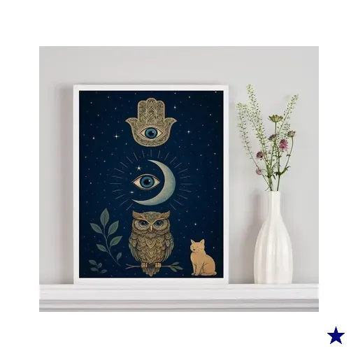 Quadro Mistico Hamsa Lua Coruja Gato 45x34cm:moldura Branca