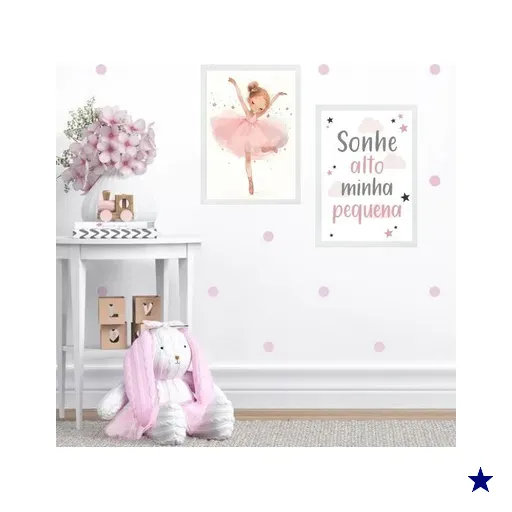 Kit 2 Quadros Infantis Bailarina - Sonhe Alto 24x18cm - com Vidro:madeira Preta
