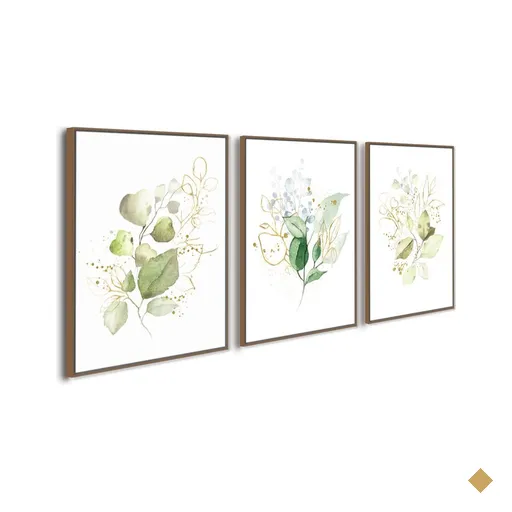 Quadros Decorativos Trio Folhas Flores Verde Aquarela Sala:Madeira
