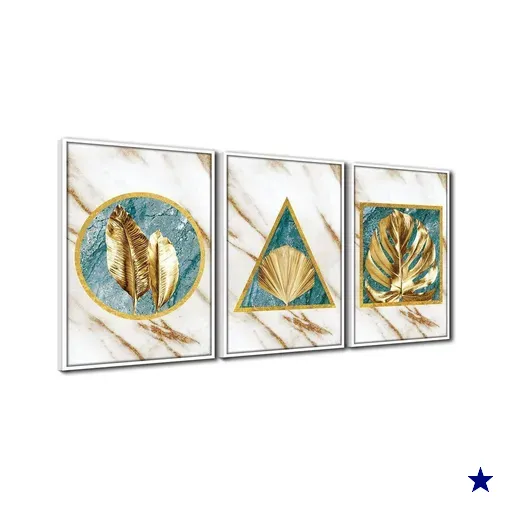 Quadros Premium Textura Cxalta Folhas Ouro Mármore 40X60 3Un Titulo Moldura…