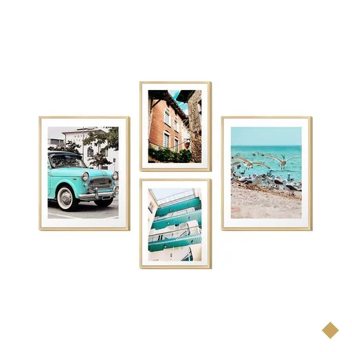 Kit 4 Quadros Decorativos Paisagem Vintage Carro Azul Mar Praia