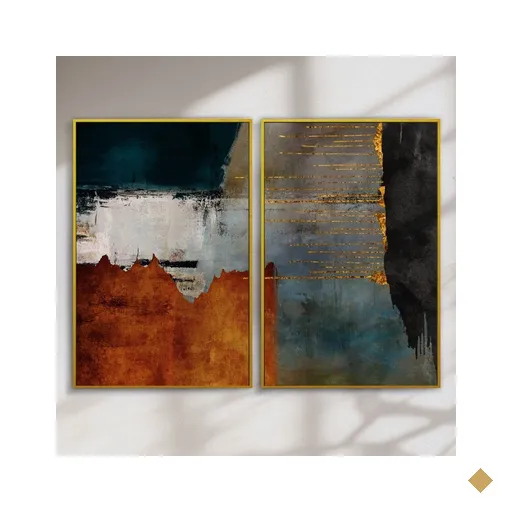 Quadro Decorativo Abstrato Laranja e Preto Kit 2 Quadros