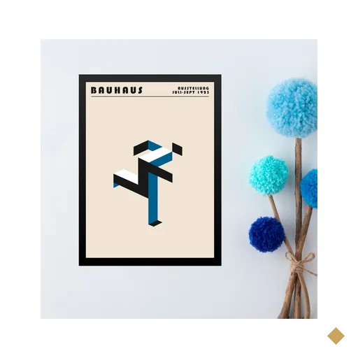 Quadro Arte Bauhaus Azul - Running Man 24x18cm:moldura Preta