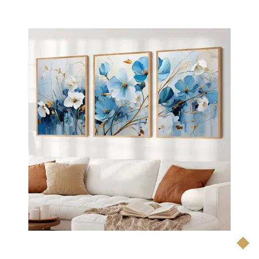 Kit Quadro Decorativo 3 Telas Flores Azuis em Traços de Ouro TaColado Moldura…