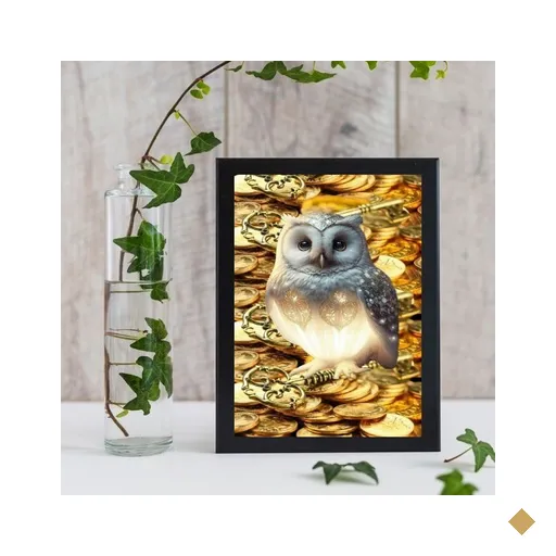 Quadro Arquétipo Da Prosperidade Ouro Coruja 33x24cm:Madeira branca