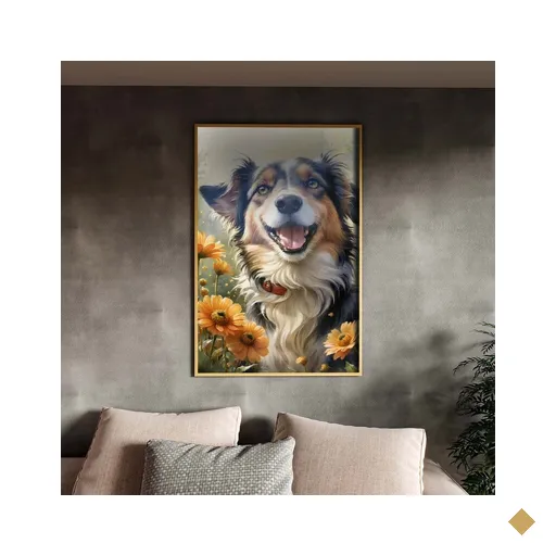 Quadro Decorativo Animais Cachorro Feliz com Moldura e Vidro Dourada - 100x70 Cm