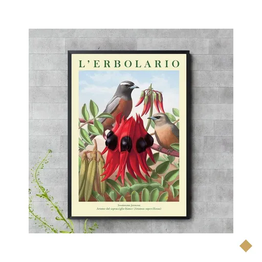 Quadro Flor Vermelha com Passarinho 24x18cm:moldura Preta