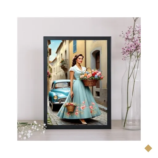 Quadro Anos 50 - Mulher Carro e Flores 45x34cm:moldura Branca