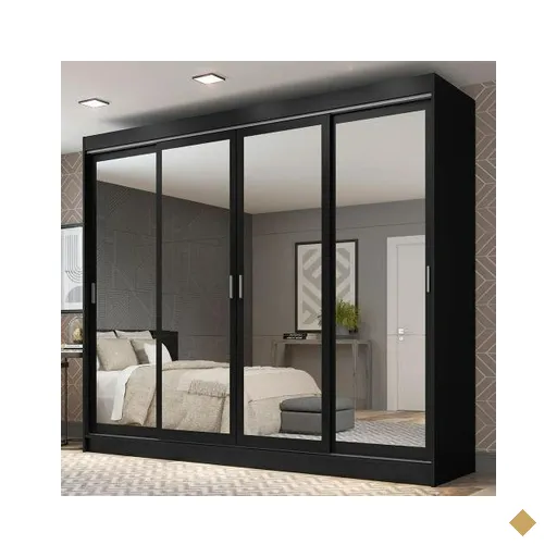 Guarda-Roupa Casal Madesa Austin 4 Portas de Correr de Espelho 3 Gavetas - Preto