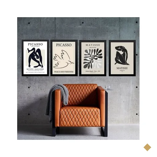 Kit 4 Quadros Cinza Preto - Matisse Picasso 24x18cm - com Vidro:madeira Branca