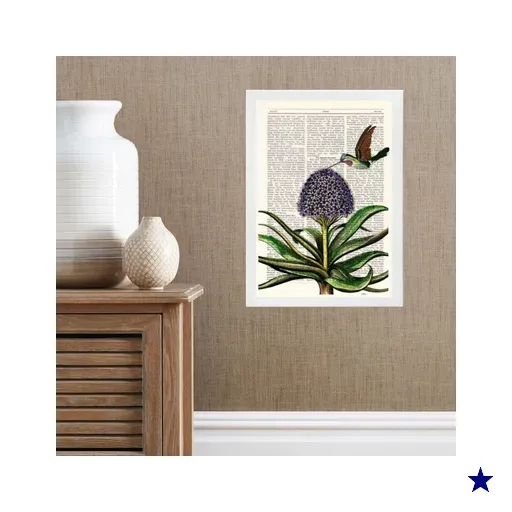 Quadro Beija-flor com Flor - Vintage 45x34cm - com Vidro:madeira Branca