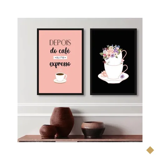 Kit 2 Quadros Cantinho do Café- Preto e Rosa 33x24cm - com Vidro:madeira Preta