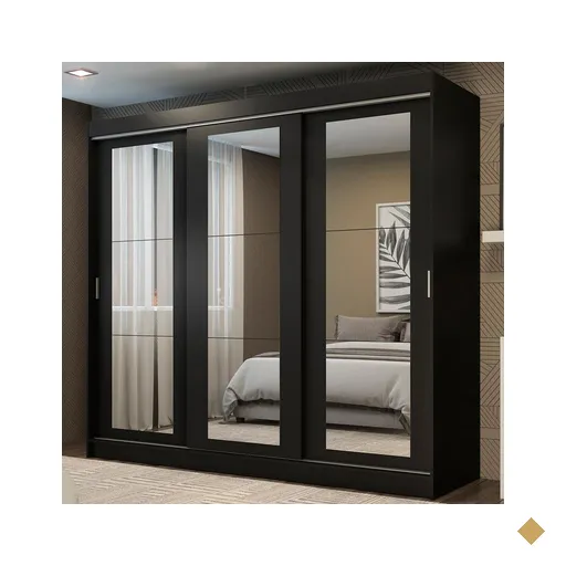 Guarda-Roupa Casal Madesa Kansas 3 Portas de Correr de Espelho 3 Gavetas - Preto