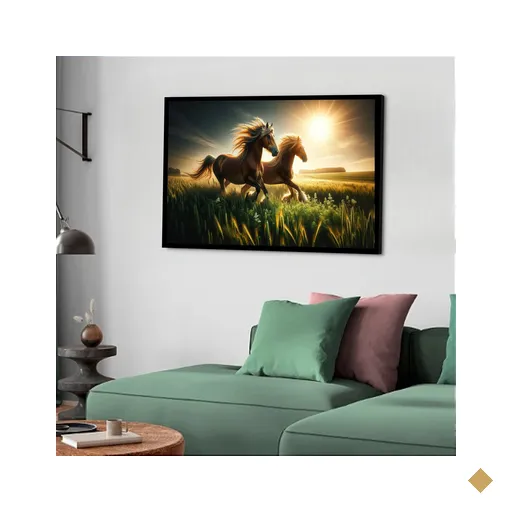 Quadro Decorativo Cavalos Sol - 50x70cm:moldura Preta