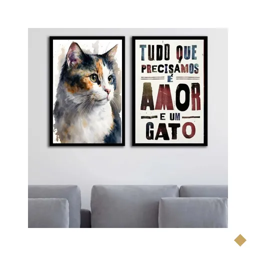 Kit 2 Quadros Amor e Um Gato 33x24cm - com Vidro:moldura Preta
