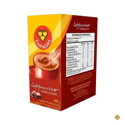 Cappuccino chocolate sachê 20g, 3 Corações - CX 10 UN
