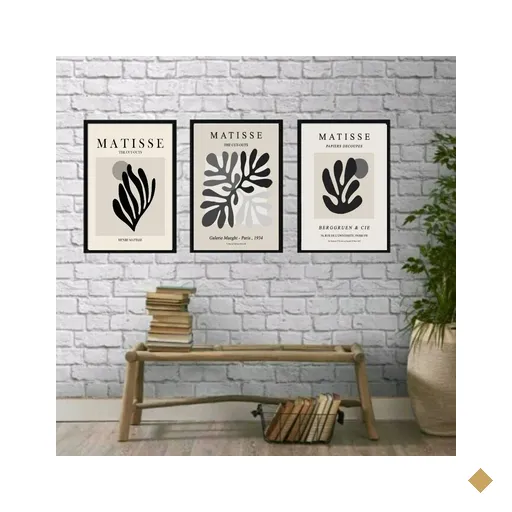 Kit 3 Quadros Decorativos Arte Moderna Folhas matisse 33x24cm:madeira Preta