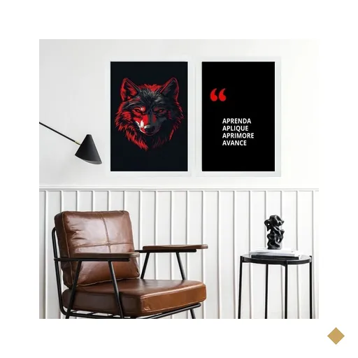 Kit 2 Quadros Motivacionais Aprendizado - Lobo 45x34cm:moldura Preta