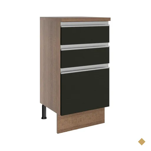 Balcão Armário de Cozinha 40 cm 3 Gavetas Rustic/Preto Glamy Madesa