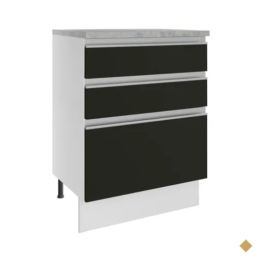 Balcão Armário de Cozinha 60 cm 3 Gavetas Branco/Preto Glamy Madesa