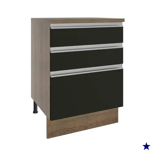Balcão Armário de Cozinha 60 cm 3 Gavetas Rustic/Preto Glamy Madesa