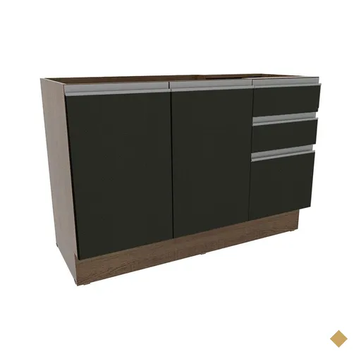 Balcão de Pia Armário de Cozinha 2 Portas e 3 Gavetas Rustic/Preto Glamy…