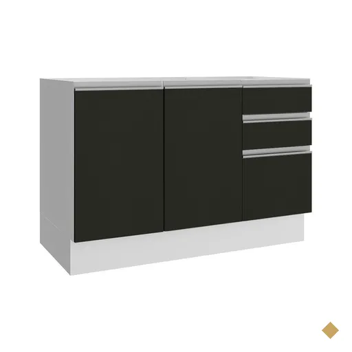 Balcão de Pia Armário de Cozinha 2 Portas e 3 Gavetas Branco/Preto Glamy…