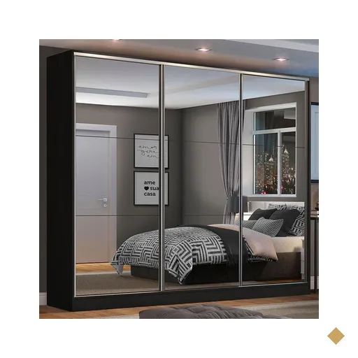 Guarda Roupa Casal 100% MDF Madesa Zurique 3 Portas de Correr de Espelho - Preto