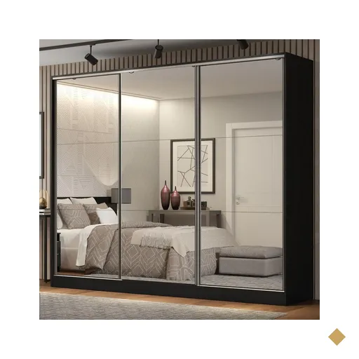 Guarda Roupa Casal 100% MDF Madesa Royale 3 Portas de Correr de Espelho - Preto