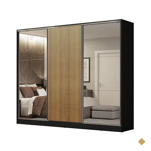 Guarda Roupa Casal 100% MDF Madesa Royale 3 Portas de Correr com Espelhos -…