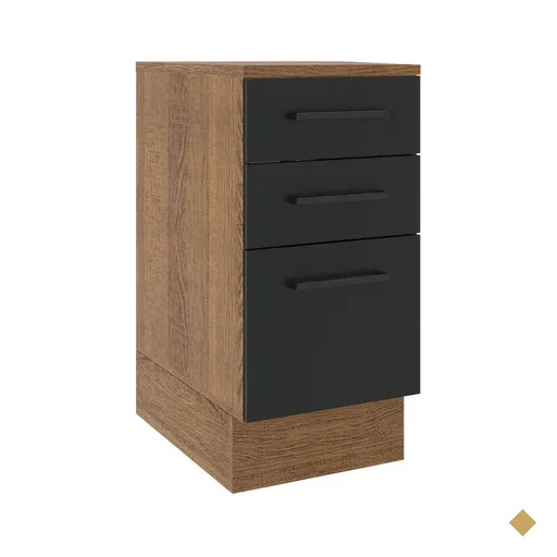 Balcão Armário de Cozinha 40 cm 3 Gavetas Rustic/Preto Agata Madesa