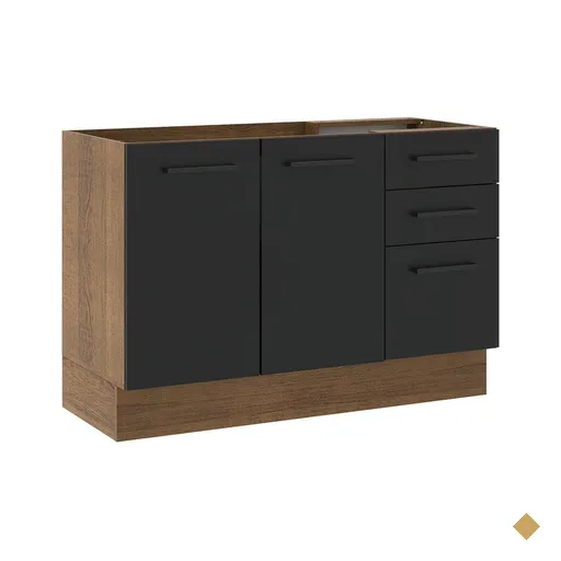 Balcão de Pia Cozinha 2 Portas e 3 Gavetas Rustic/Preto Agata Madesa
