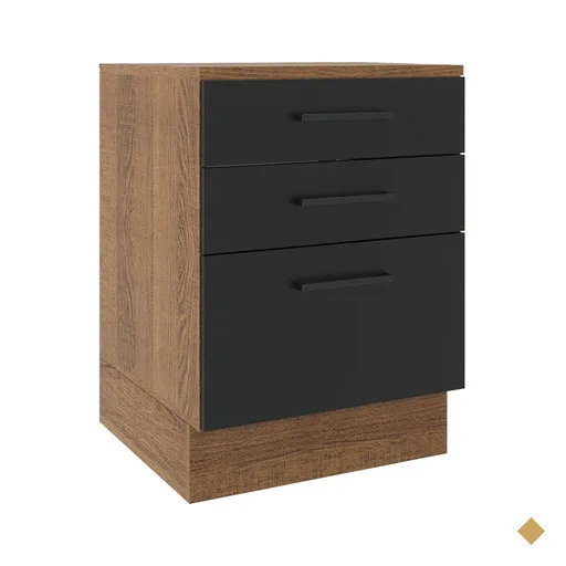 Balcão Armário de Cozinha 60 cm 3 Gavetas Rustic/Preto Agata Madesa