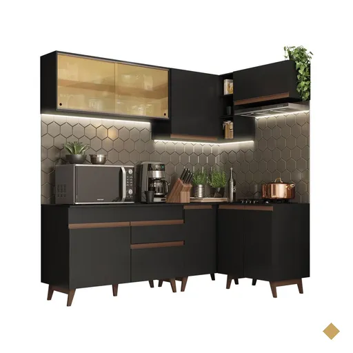 Cozinha Completa de Canto Madesa Reims 332002 com Armário e Balcão - Preto