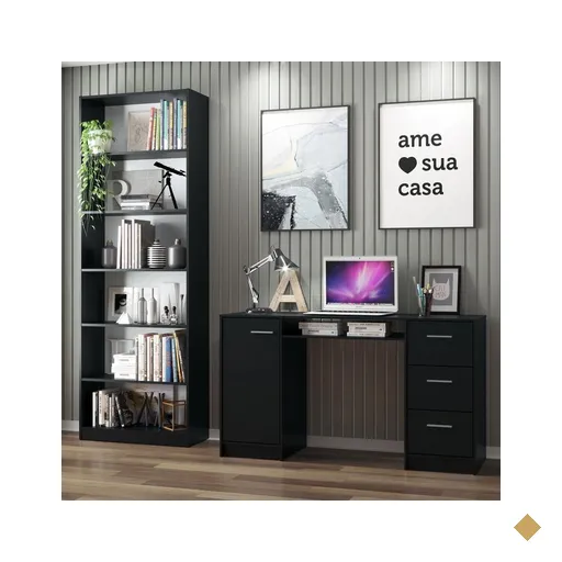 Escrivaninha Madesa Alaska + Estante Livreiro 6908 - Preto