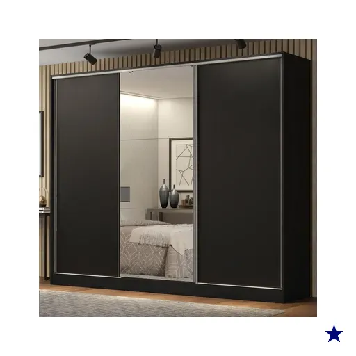 Guarda Roupa Casal 100% MDF Madesa Royale 3 Portas de Correr com Espelho - Preto
