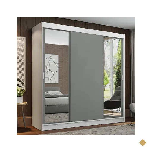 Guarda-Roupa Casal Madesa Reno 3 Portas de Correr com Espelhos - Branco/Cinza